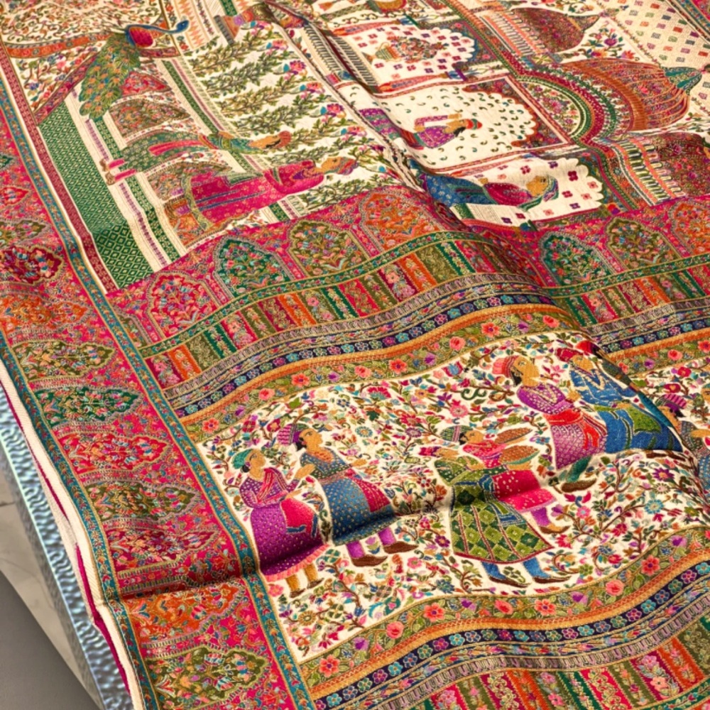 Beige Pashmina Darbur Style Silk Saree